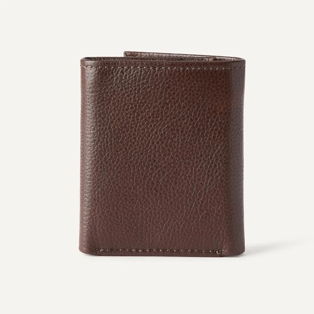 Men's Classic Grain Leather Lined Cotton Brown Wallet Card Style Slip Pocket